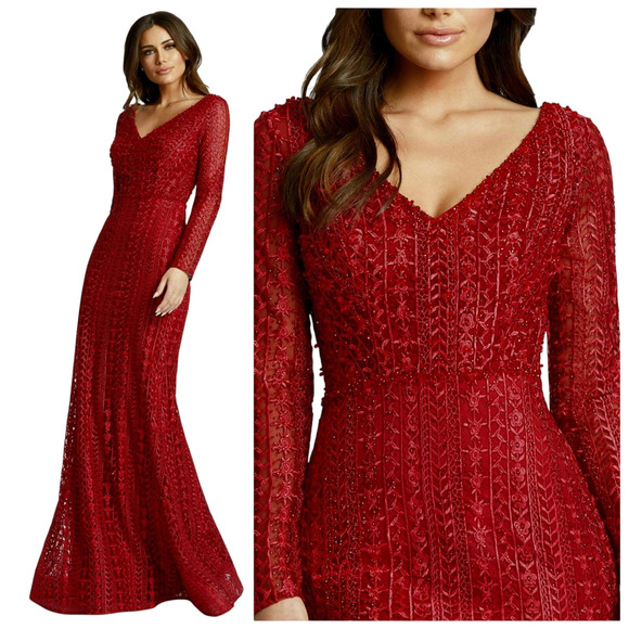 Mac Duggal Dresses & Skirts - Mac Duggal Dress 12 Red Formal 20271 Embellished Long Sleeve Burgundy Gown